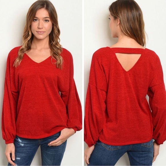 Dark red balloon sleeve sweater top - Picture 1 of 5